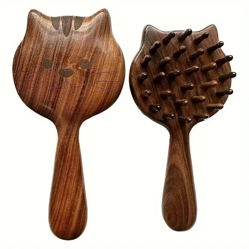 Cute Cat Shape Sandalwood Comb - Wide-Tooth Meridian Massage Comb, Anti-Static Gift for Women