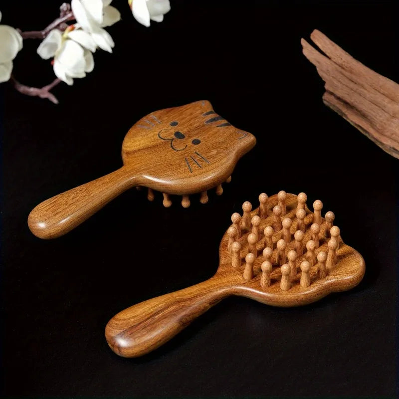 Cute Cat Shape Sandalwood Comb - Wide-Tooth Meridian Massage Comb, Anti-Static Gift for Women